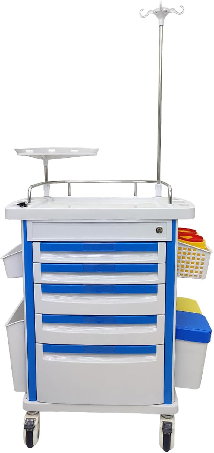 Mobile Anesthesia Cart Medical Emergency Crash Cart Medication ABS Storage Trolley Movable Vehicle Cabinet with Oxygen Cylinder Bracket Plastic Basket for Hospitals and Clinics