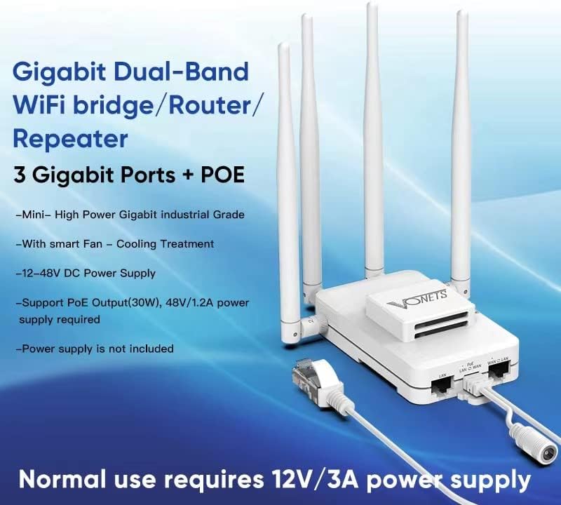 VONETS VAR1200 Industrial Gigabit Dual Band WiFi Bridge/Router 1200Mbps WiFi to Ethernet Adapter with Intelligent Fan, 3 Gigabit Port, POE, DC/USB Powered for Industrial Network Medical Device