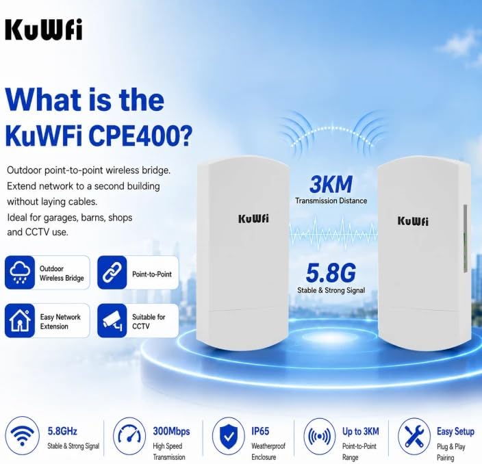 Outdoor Wireless Bridge, KuWFi 5.8G 3KM Transmission WiFi Point to Point Wireless Ethernet Bridge Router, with 3 RJ45 LAN Ports, Pre-Program, 48V PoE, 2-Packs