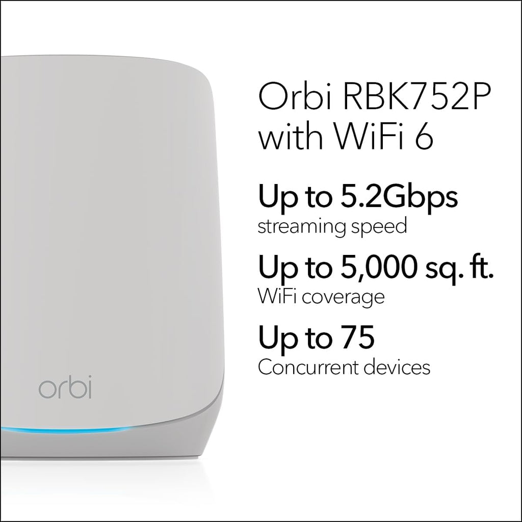 NETGEAR Orbi Whole Home Tri-Band WiFi 6 Mesh Network System (RBK752P) â Router with 1 Satellite Extender, Security Features, Coverage up to 5,000 sq. ft., 75 Devices, AX5200 802.11ax (Up to 5.2Gbps)