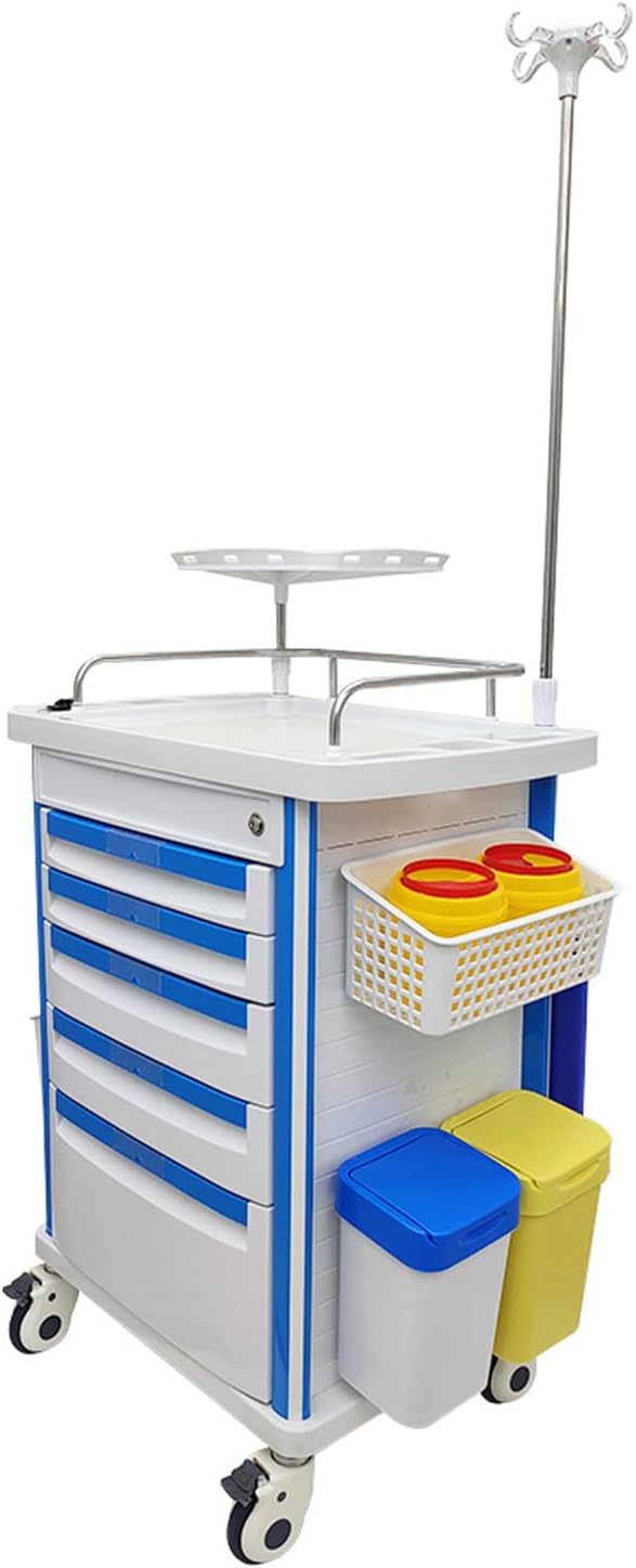 Mobile Anesthesia Cart Medical Emergency Crash Cart Medication ABS Storage Trolley Movable Vehicle Cabinet with Oxygen Cylinder Bracket Plastic Basket for Hospitals and Clinics