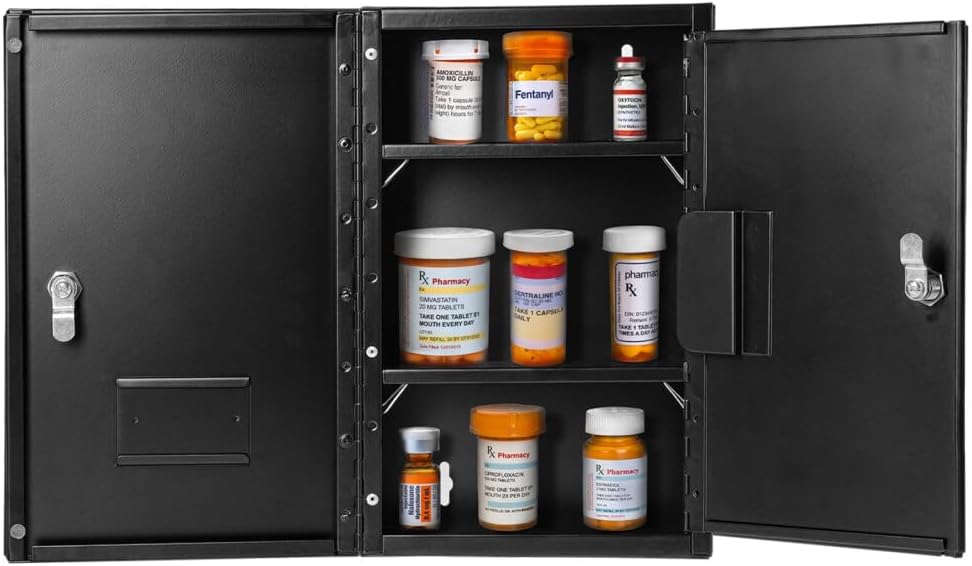Vivacomfort Large Black Double Door Narcotics Cabinet, Locking Medicine Cabinet, 24â H x 16â W x 8â D