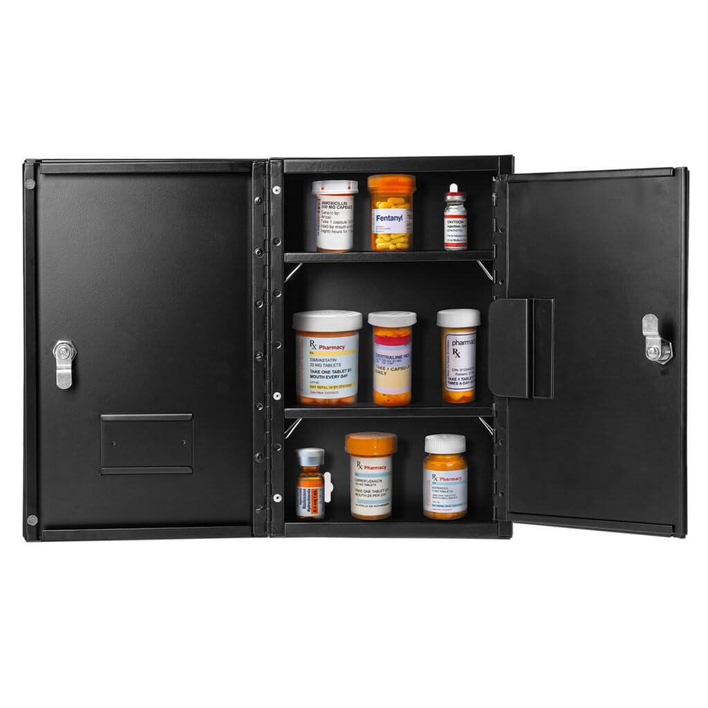 Vivacomfort Large Black Double Door Narcotics Cabinet, Locking Medicine Cabinet, 24â H x 16â W x 8â D