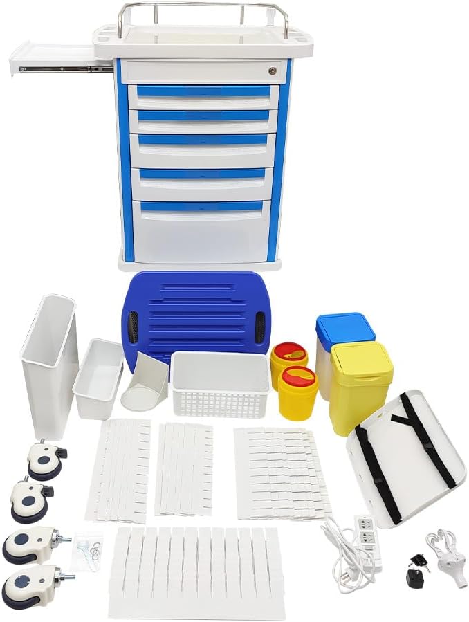 Mobile Anesthesia Cart Medical Emergency Crash Cart Medication ABS Storage Trolley Movable Vehicle Cabinet with Oxygen Cylinder Bracket Plastic Basket for Hospitals and Clinics