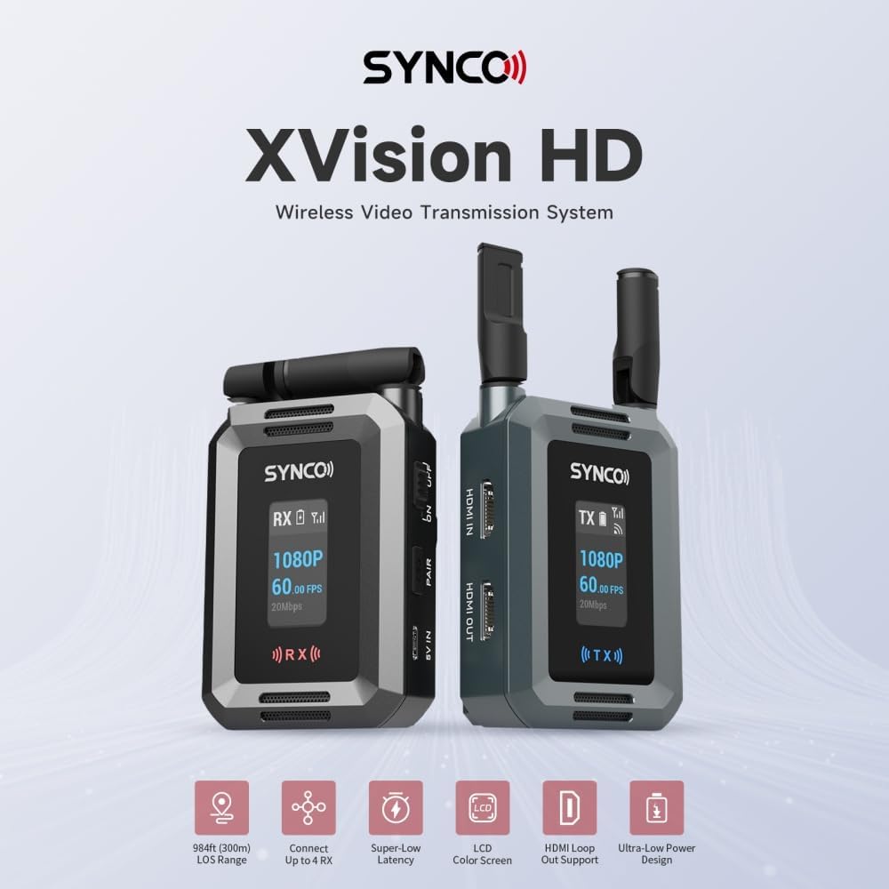 Synco Xvision HD Video Transmission System 300 Meters 1080P 60fps HD Transmitter and Receiver 40ms Latency Real-Time Monitoring for Live Streaming, Filming,TVC (1 TX and 1 RX)