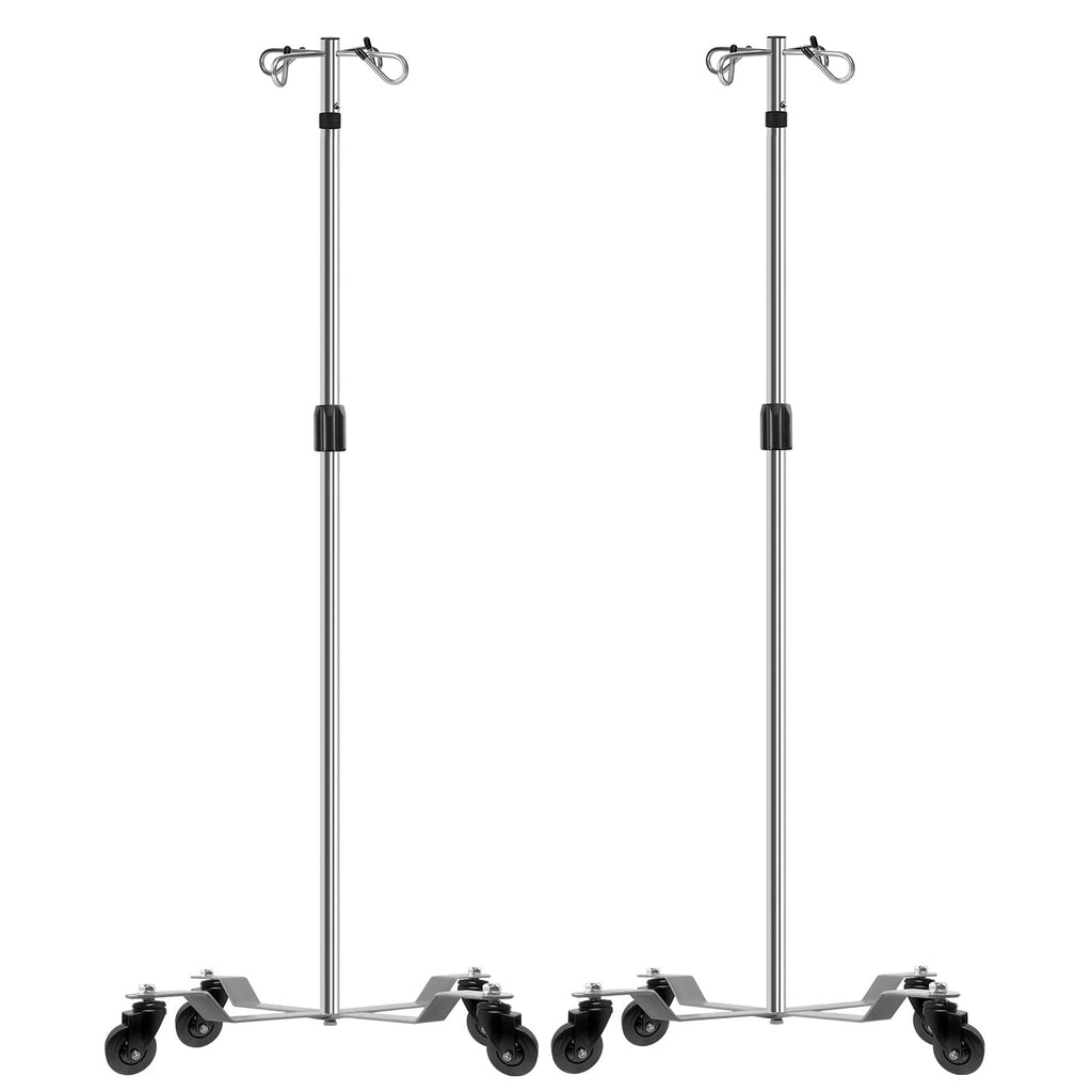 IV Poles with Wheels IV Stands 2 Hooks 5 Legs Rolling Base with Heavy Duty Stainless Steel, Adjustable Height,2PCS/2Pack