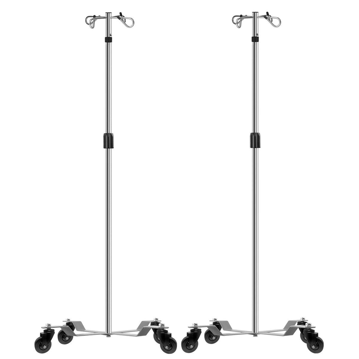 IV Poles with Wheels IV Stands 2 Hooks 5 Legs Rolling Base with Heavy Duty Stainless Steel, Adjustable Height,2PCS/2Pack