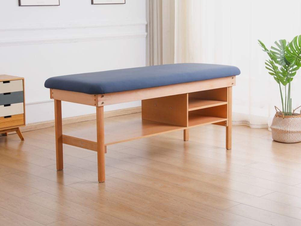 Medical Examination Table with Wooden Base, Navy Blue Padded Surface (Blue)