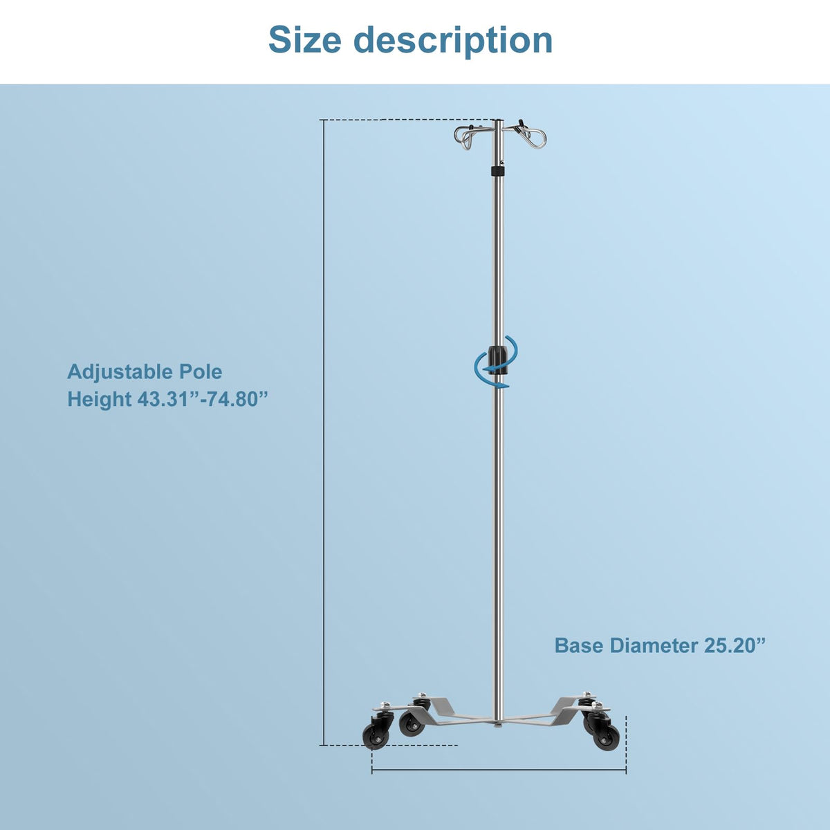 IV Poles with Wheels IV Stands 2 Hooks 5 Legs Rolling Base with Heavy Duty Stainless Steel, Adjustable Height,2PCS/2Pack