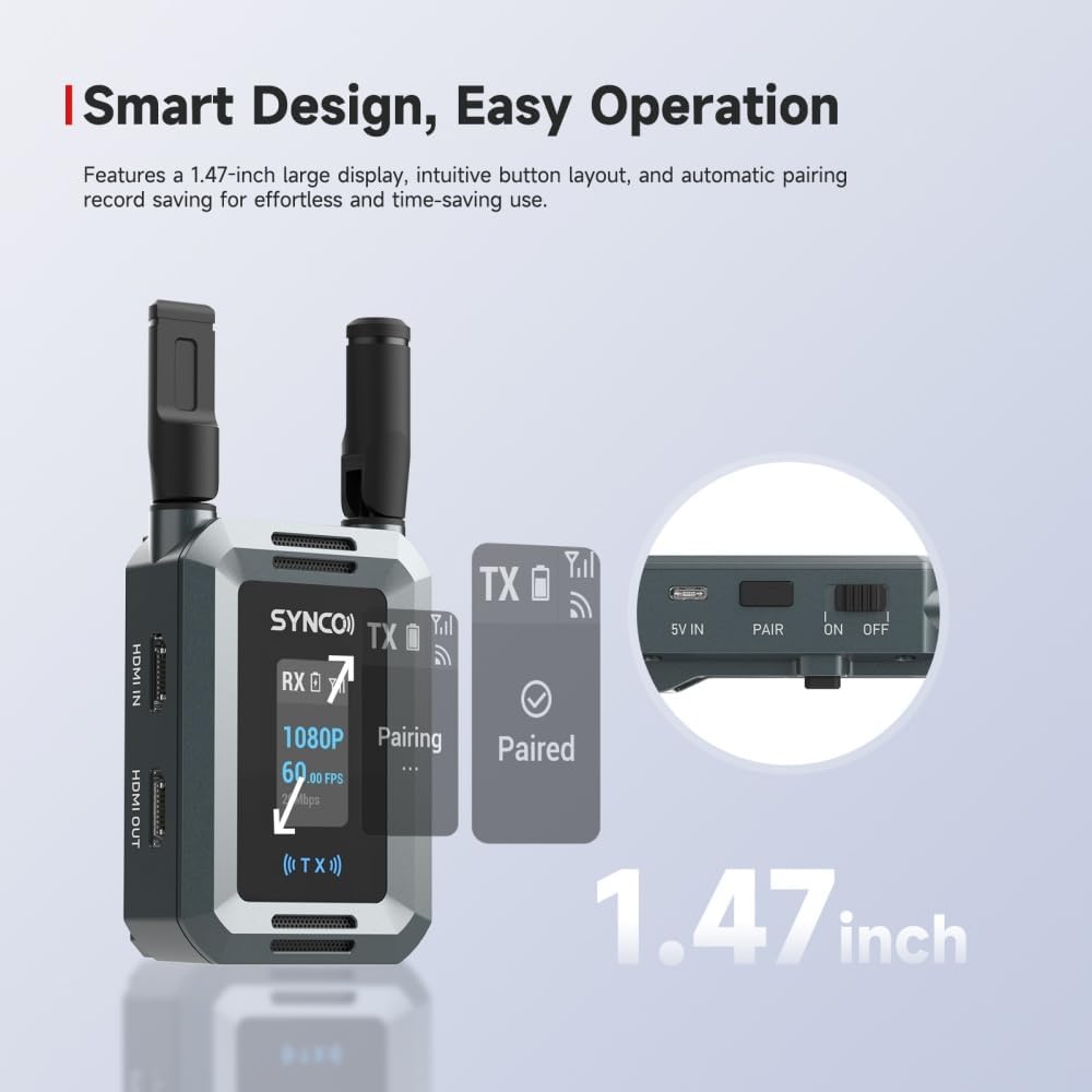 Synco Xvision HD Video Transmission System 300 Meters 1080P 60fps HD Transmitter and Receiver 40ms Latency Real-Time Monitoring for Live Streaming, Filming,TVC (1 TX and 1 RX)