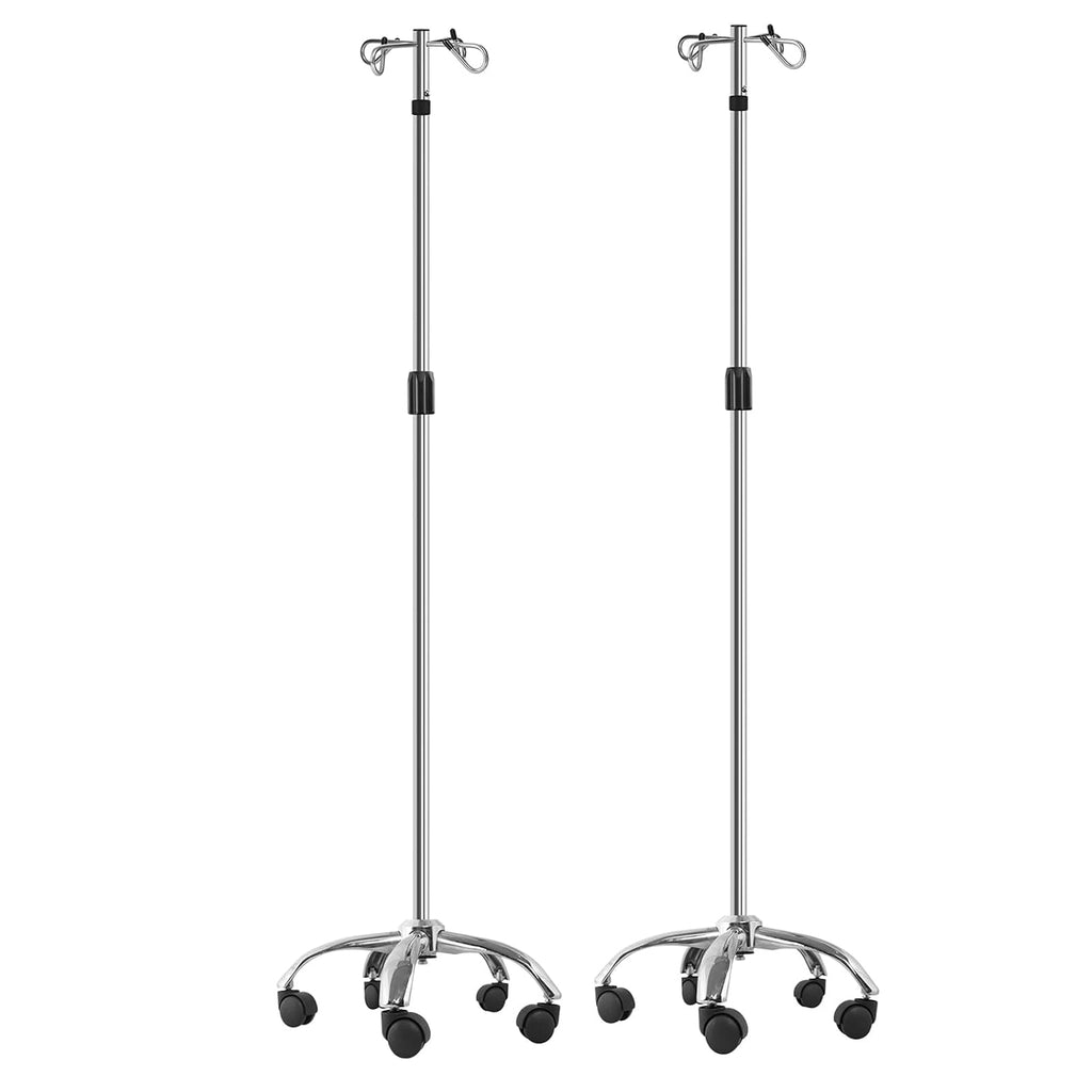 IV Poles with Wheels IV Stands 2 Hooks 5 Legs Rolling Base with Heavy Duty Stainless Steel, Adjustable Height,2PCS/2Pack