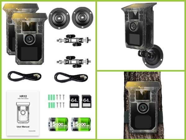 Trail Camera 2 Pack 4K 64MP Solar Game Camera with 5000mAh Forever Power, 64GB Memory Card and Ip67 Waterproof Angle Night Vision for Wildlife Deer Outdoor Trail Cam, Monitoring Trail Cameras