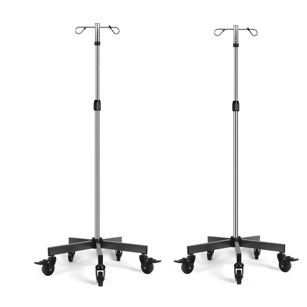 IV Poles with Wheels IV Stands 2 Hooks 5 Legs Rolling Base with Heavy Duty Stainless Steel, Adjustable Height,2PCS/2Pack
