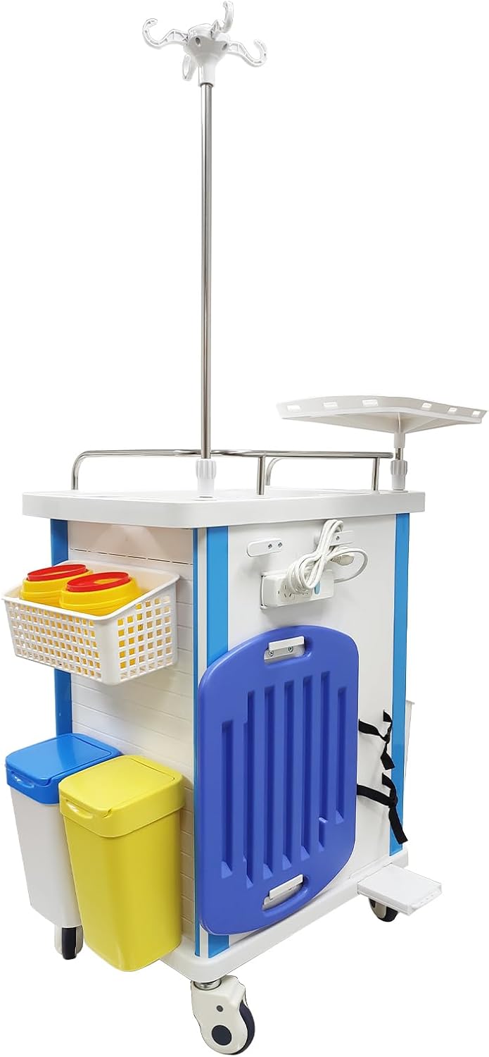 Mobile Anesthesia Cart Medical Emergency Crash Cart Medication ABS Storage Trolley Movable Vehicle Cabinet with Oxygen Cylinder Bracket Plastic Basket for Hospitals and Clinics