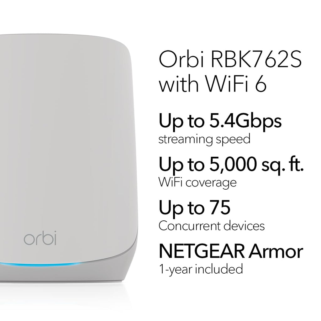 NETGEAR Orbi Whole Home Tri-Band WiFi 6 Mesh Network System (RBK752P) â Router with 1 Satellite Extender, Security Features, Coverage up to 5,000 sq. ft., 75 Devices, AX5200 802.11ax (Up to 5.2Gbps)