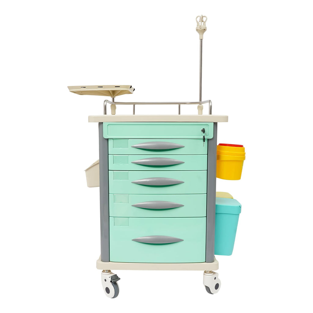 Medical Rolling Crash Cart with Accessories-CPR Board, 2 Trash Bin, Power Strip, Drawers with Dividers, Mobile Medical Cart for Clinic, Hospital, Nursing Center, Salon, 29.53 * 18.7 * 37.4in (Red)