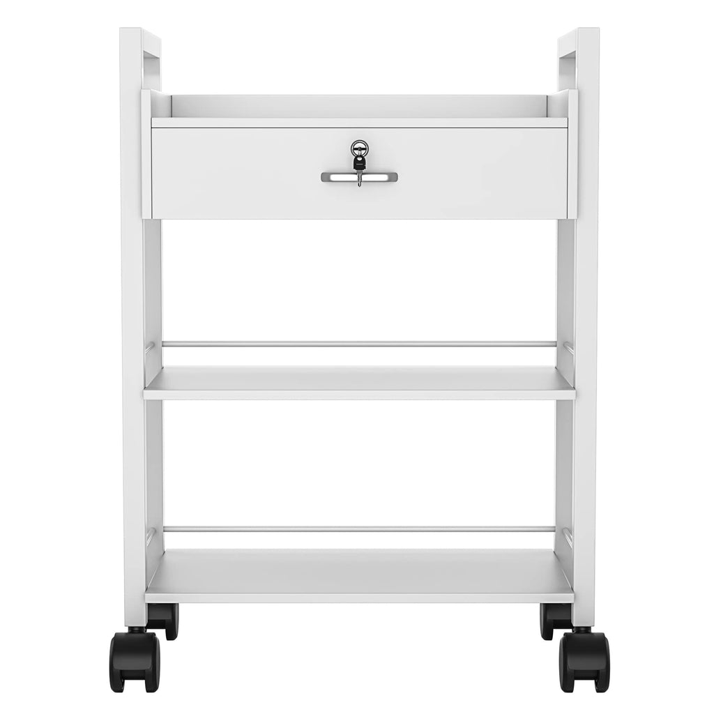 Paddie Salon Trolley Cart, Salon Tray Wooden Mobile Utility Cabinet with 2 Lockable Drawers, Rolling Storage Station Medical Esthetic Supply Holder for Beauty Spa (2 Drawers, White)