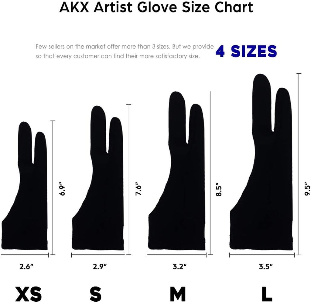 AKX Artist Glove, Palm Rejection Drawing Glove for Graphic Tablet, iPad - Smudge Guard, 2-Finger, Good for Left and Right Hand (Black, Large, 2 Pack)