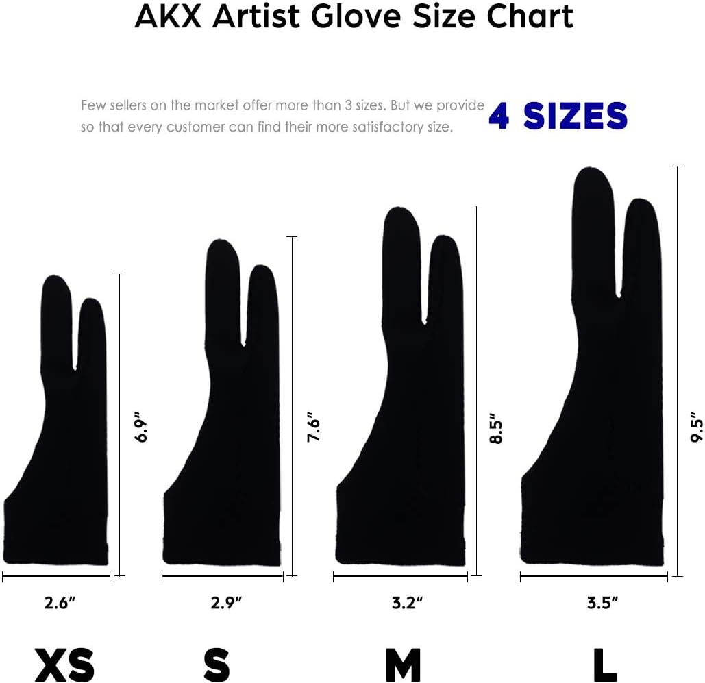AKX Artist Glove, Palm Rejection Drawing Glove for Graphic Tablet, iPad - Smudge Guard, 2-Finger, Good for Left and Right Hand (Black, Large, 2 Pack)
