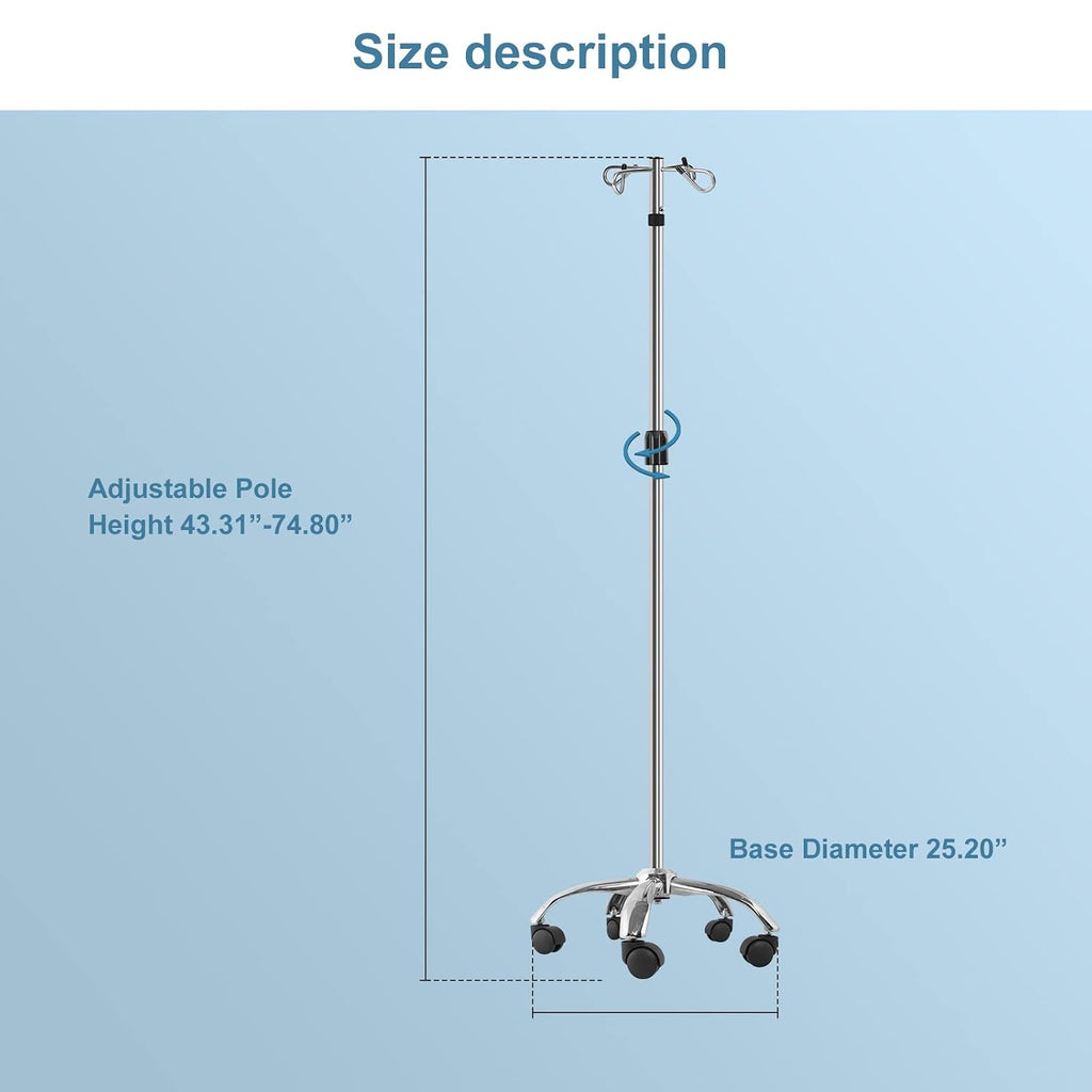 IV Poles with Wheels IV Stands 2 Hooks 5 Legs Rolling Base with Heavy Duty Stainless Steel, Adjustable Height,2PCS/2Pack