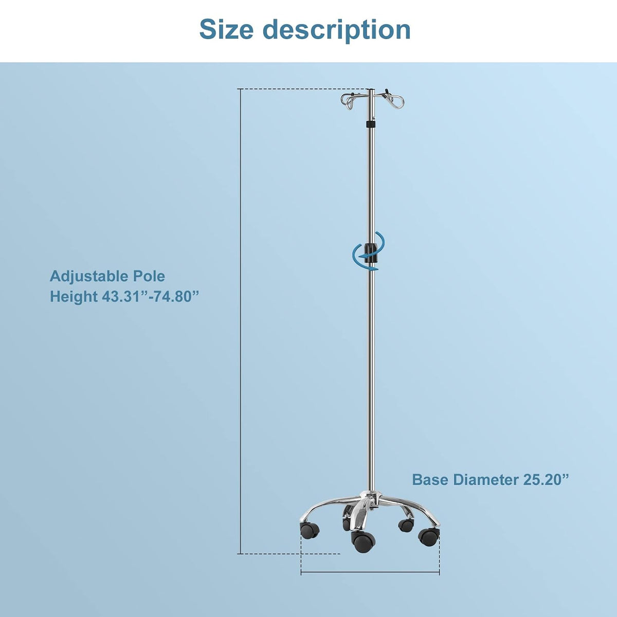 IV Poles with Wheels IV Stands 2 Hooks 5 Legs Rolling Base with Heavy Duty Stainless Steel, Adjustable Height,2PCS/2Pack