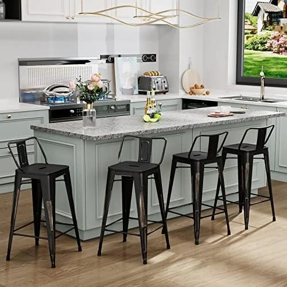 Spboomlife Metal Stools Set Of 4 Barstools Counter Height Stools With Back Industrial Stools Indoor Outdoor Kitchen Dining Chairs Modern Chairs Distressed Navy Navy 24Inch Stools