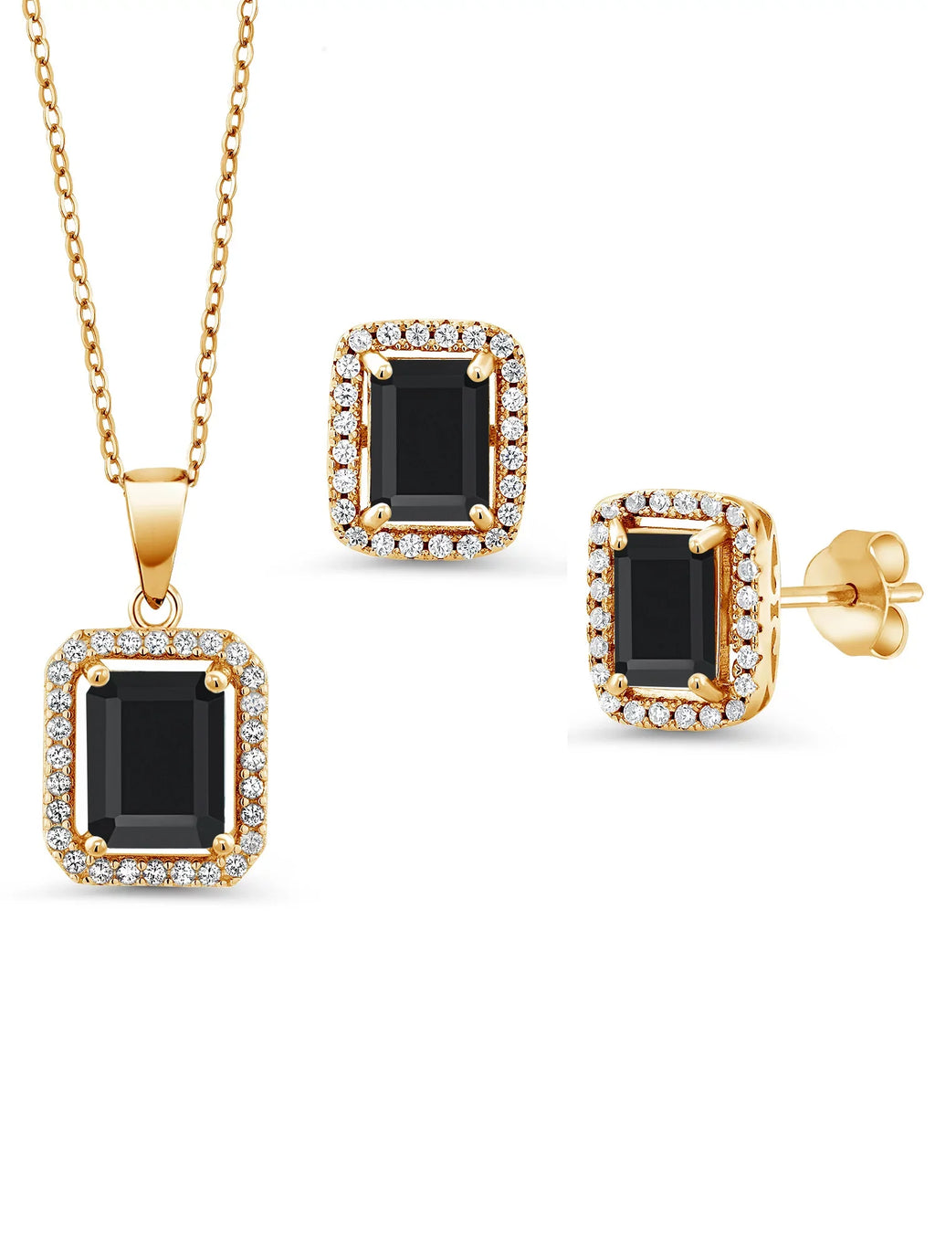 Gem Stone King 18K Yellow Gold Plated Silver Black Onyx Pendant And Earrings Jewelry Set For Women | 6.13 Cttw | Emerald Cut 9X7Mm And 8X6Mm | Gemstone December Birthstone | With 18 Inch Silver Chain