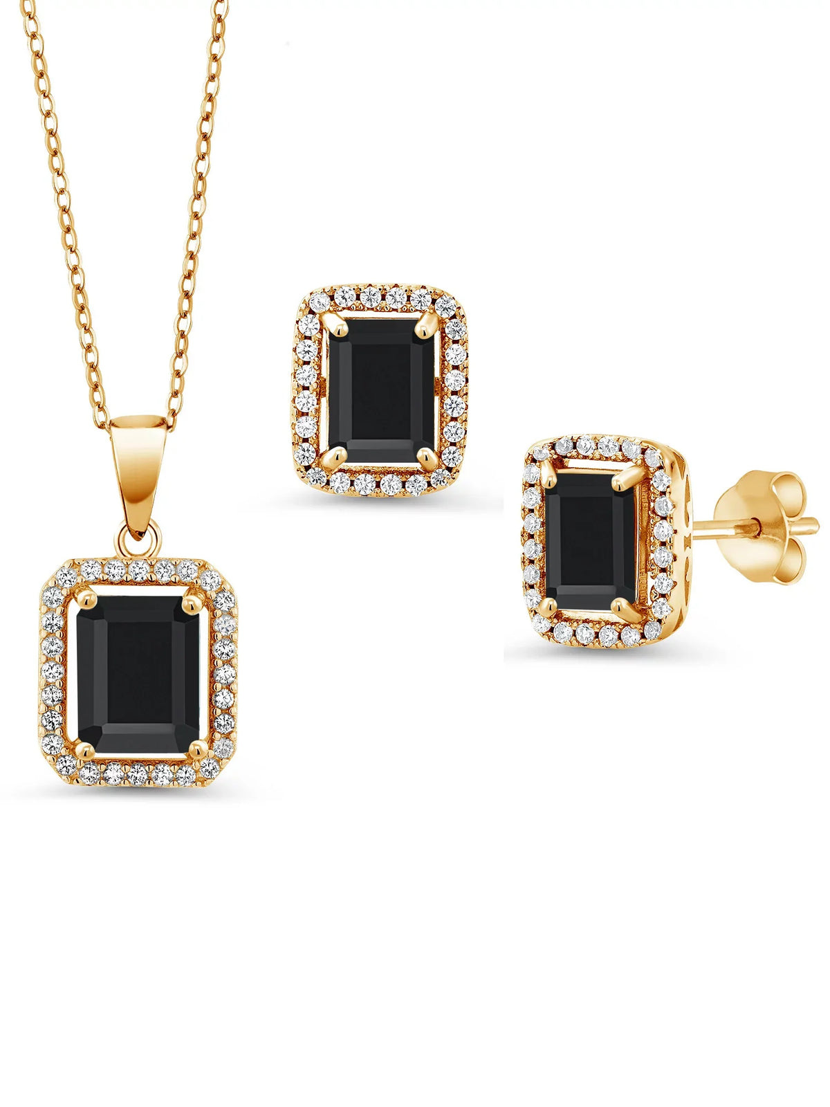 Gem Stone King 18K Yellow Gold Plated Silver Black Onyx Pendant And Earrings Jewelry Set For Women | 6.13 Cttw | Emerald Cut 9X7Mm And 8X6Mm | Gemstone December Birthstone | With 18 Inch Silver Chain