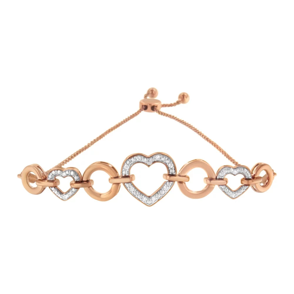 14K Rose Gold Plated .925 Sterling Silver Diamond Accent Circle And Heart Link Adjustable 6”-10” Bolo Bracelet (I-J Color, I3 Clarity)