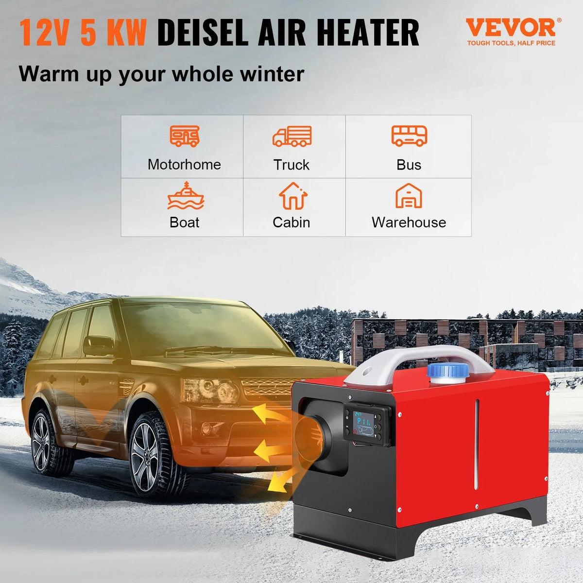 Vevor Diesel Air Heater, 5Kw 12V Parking Heater, Mini Truck Heater, Single Outlet Hole, With Black Lcd, Remote Control, Fast Heating Diesel Heater, For Rv Truck, Boat, Bus, Car Trailer, Motorhomes