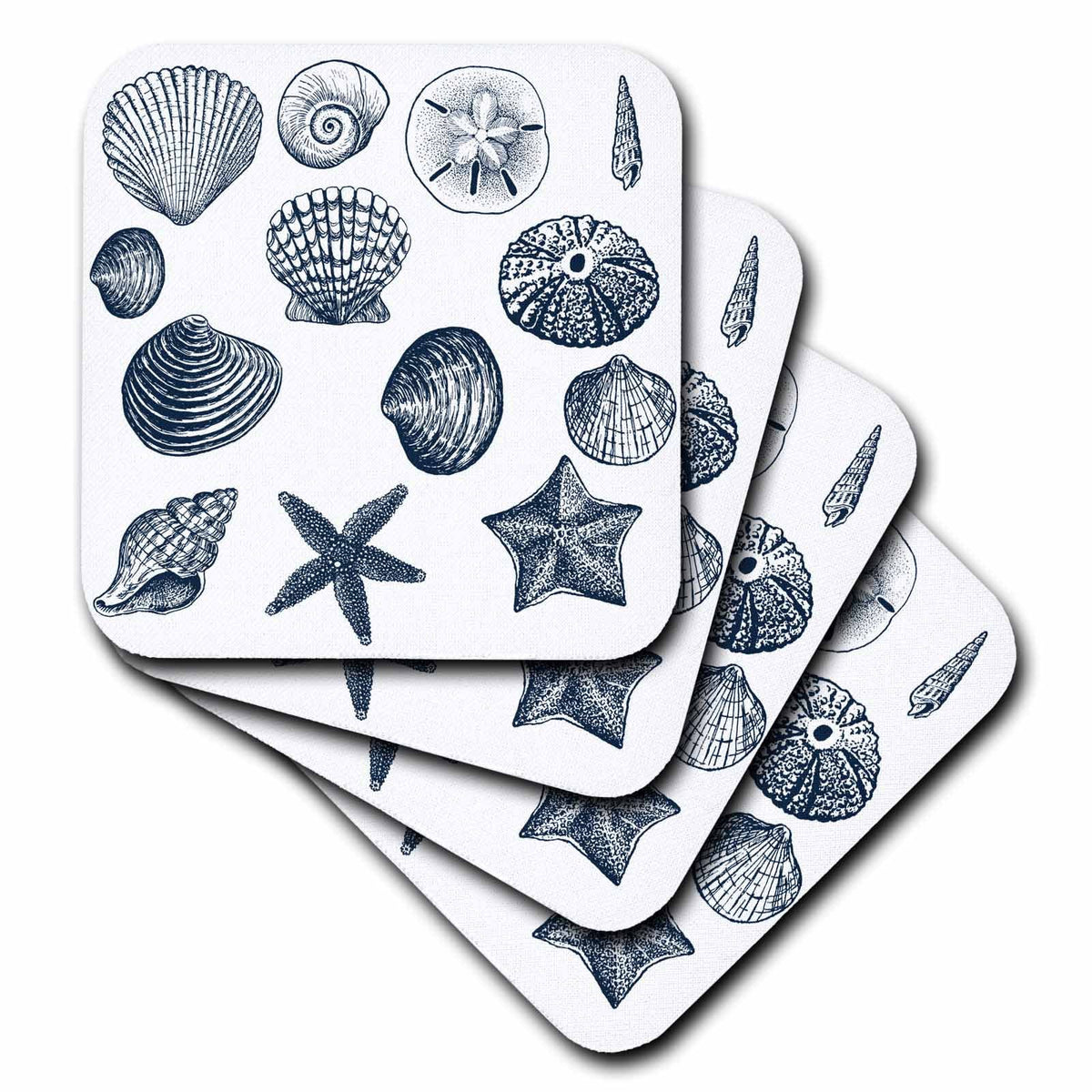 of 3dRose 4 ocean set theme beach Coasters, art, Nautical Soft Shells Blue Sea