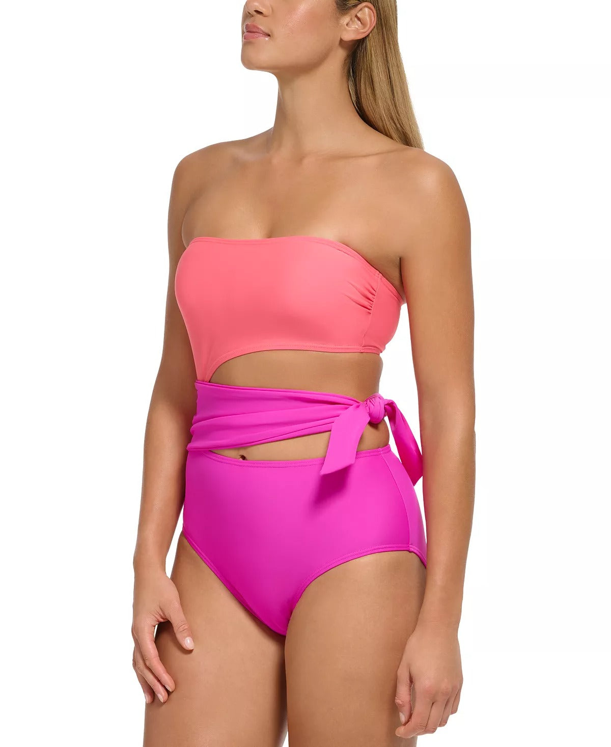 Dkny Punch Pink Cutout Colorblock One Piece Swimsuit, Us 14