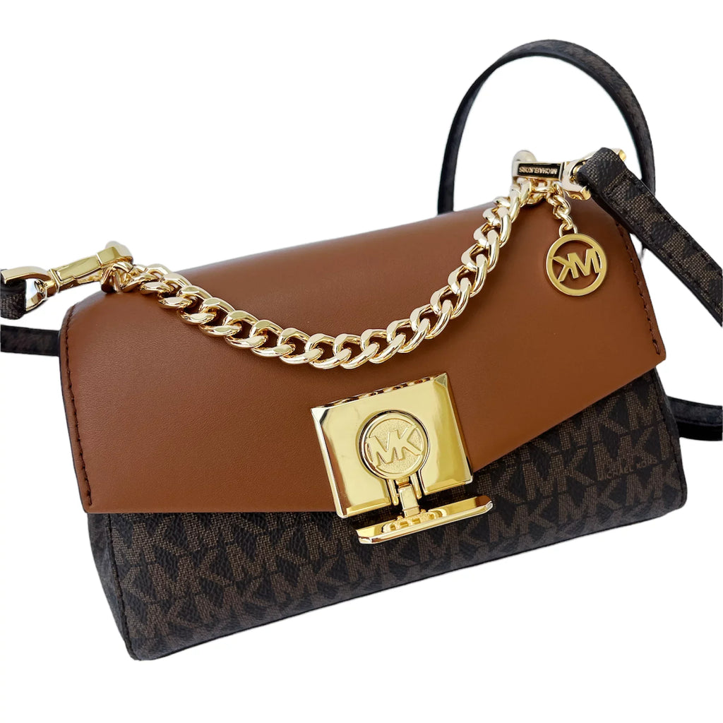 Michael Leather Small Crossbody Bag Two Logo MK Brown Kors Tone Lita