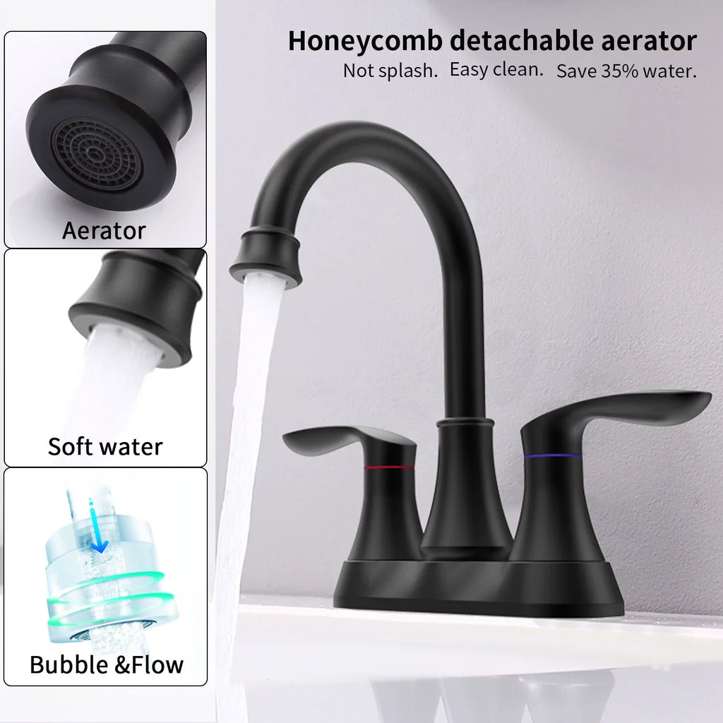 Black Sink 6 360 Degree Centerset with & Swivel Pop-up Hoses，Matte Spout Faucet，2-Handle Supply Kichae Bathroom Drain Vanity Inch Faucet