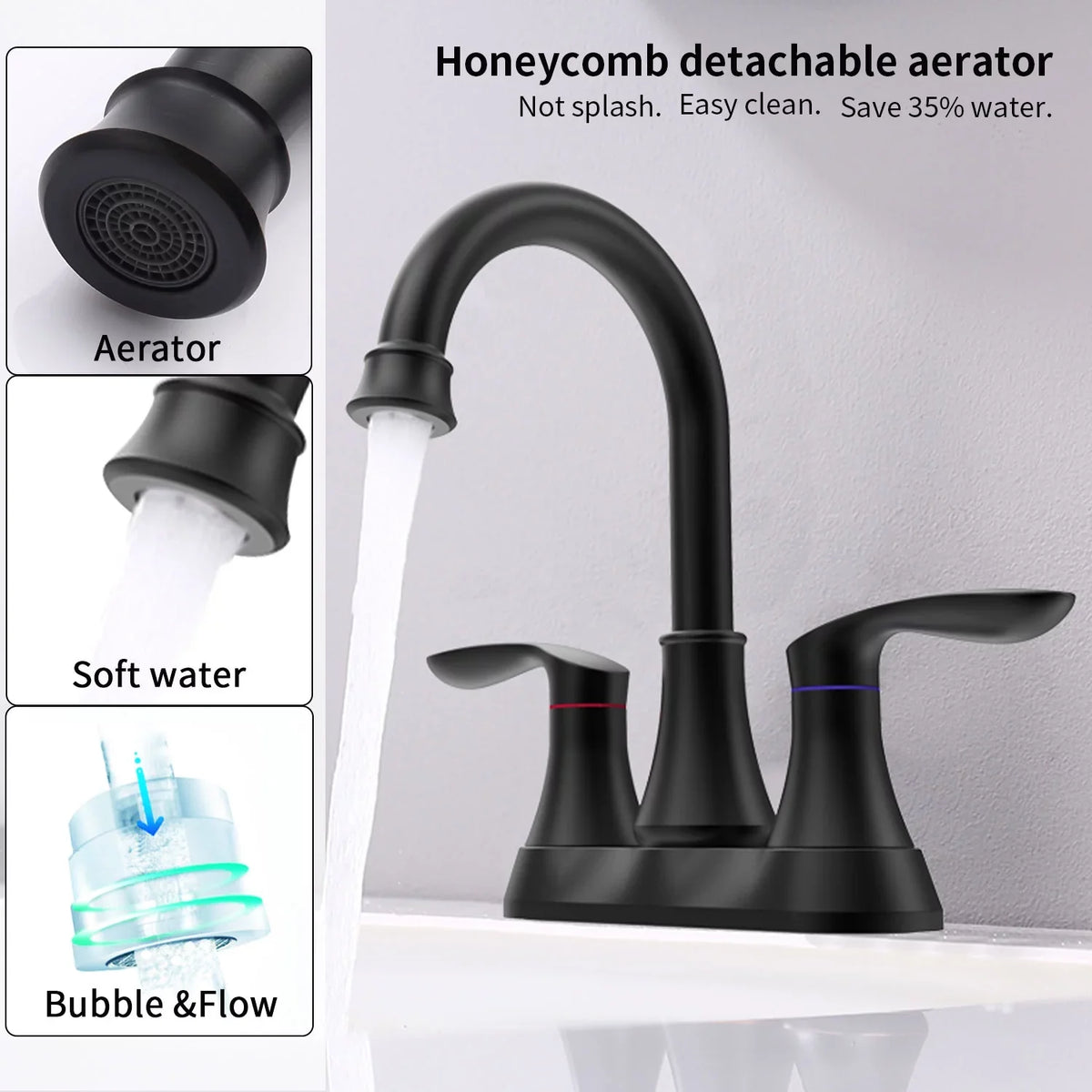 Black Sink 6 360 Degree Centerset with & Swivel Pop-up Hoses，Matte Spout Faucet，2-Handle Supply Kichae Bathroom Drain Vanity Inch Faucet