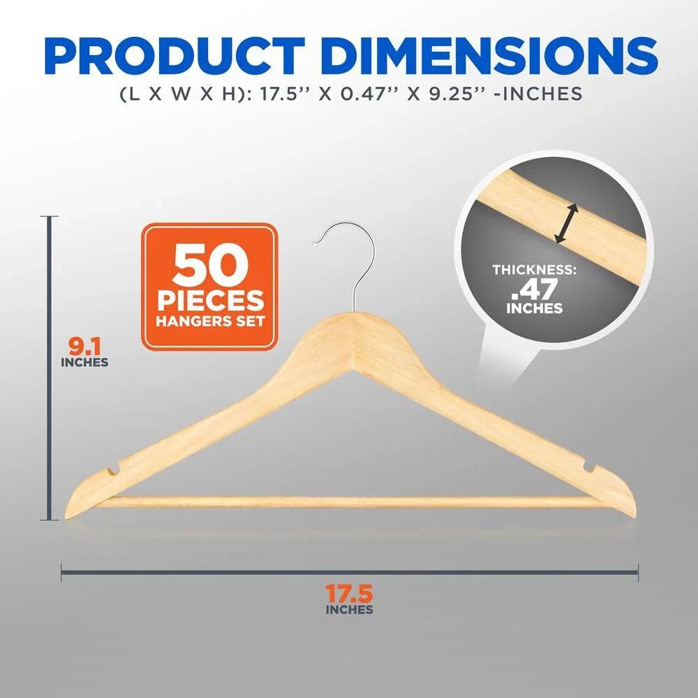 Serenelife Solid Wooden Hangers, 50 Pieces Hangers For Clothes, Heavy Duty Suit Hanger Set