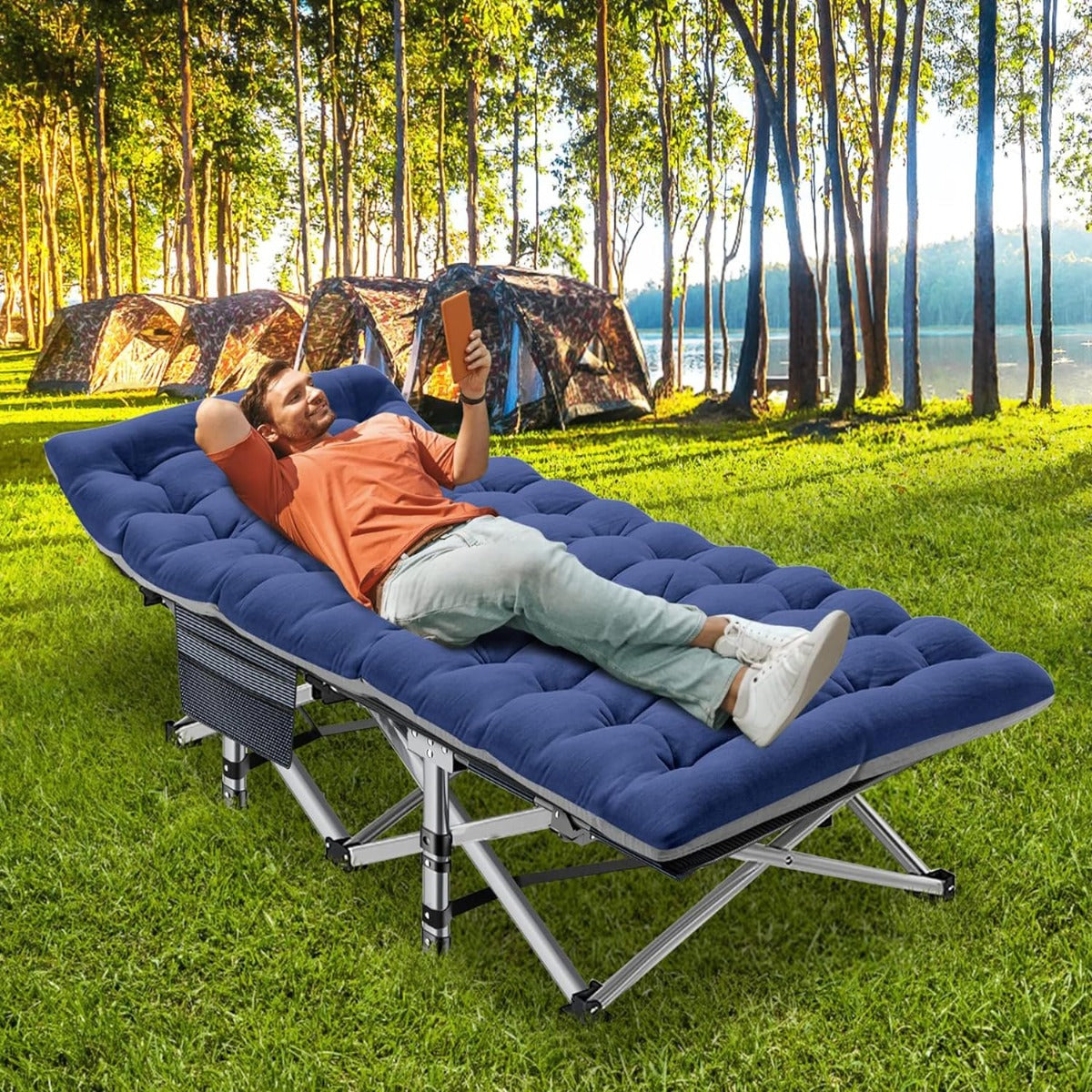 Bag,1200 with exterior Adults, W/Mat Travel Bed Carry Oxford Heavy Layer Folding Camping Duty Cots D for Camp Cot