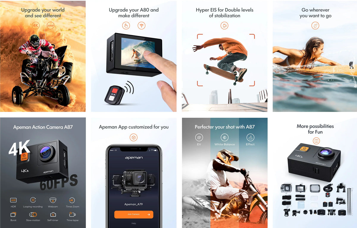 Skateboard A87 20MP Touchscreen WiFi Camcorder UHD Underwater Motorbike Apeman and Action Camera for Camera, 4K/60fps