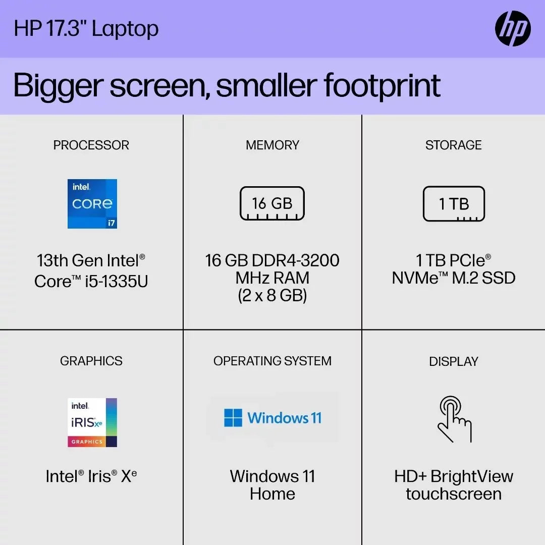 HP 32GB Intel 17.3" 1TB Core Laptop, Touchscreen Home Backlit i7-1355U, SSD, RAM, Win11 HD Keyboard,