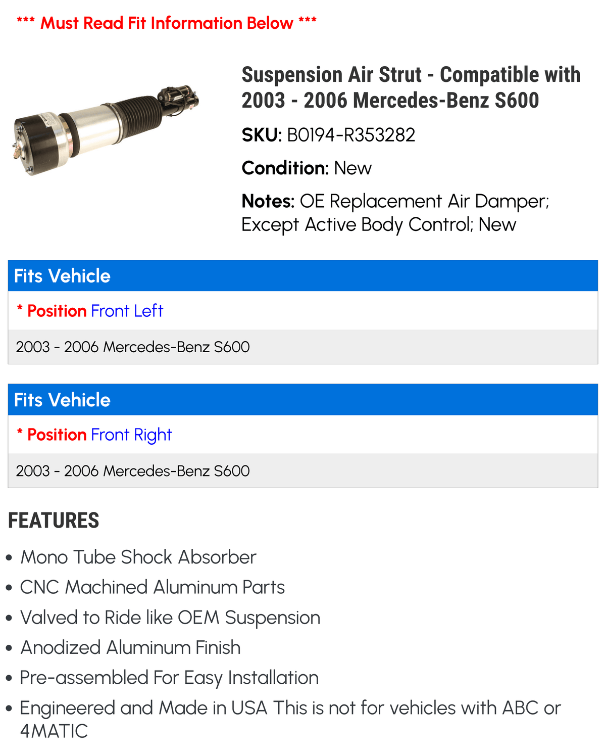 '- 2005 Suspension 2004 S600 - -Benz Compatible Strut 2003 Air with 2006