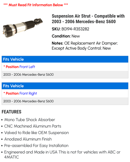'- 2005 Suspension 2004 S600 - -Benz Compatible Strut 2003 Air with 2006