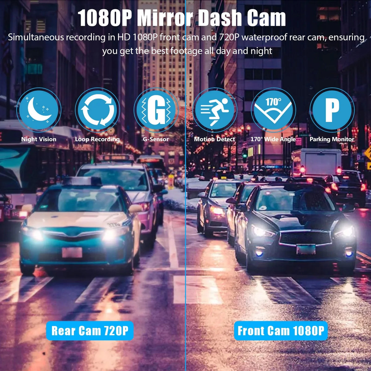 Lens and for View Wide-Angle Car Dual Mirror Vision, Dash Screen Cars, with Camera Touch Cam G-Sensor, Detection, Night 1080P EEEkit Mirror Camera Front 7inch Camera, 170° Rear Motion Dash