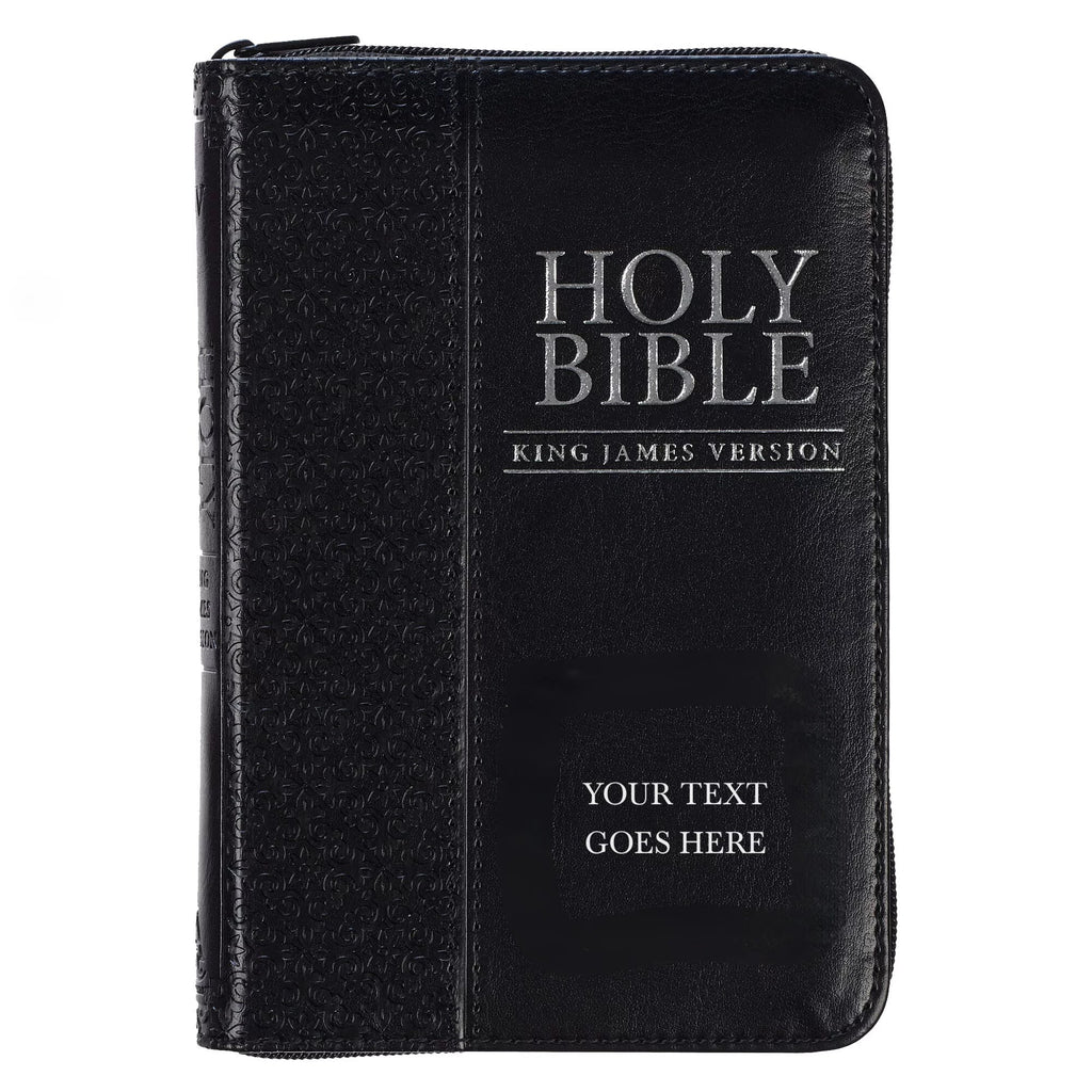 Travel Of Pocket briefcase Ideal King Personalized To Bible Compact with Black Text Name James Custom with Bible for Leather Zipper or backpack, purse, KJV Faux | Holy Closure in - 3 Up Version Rows