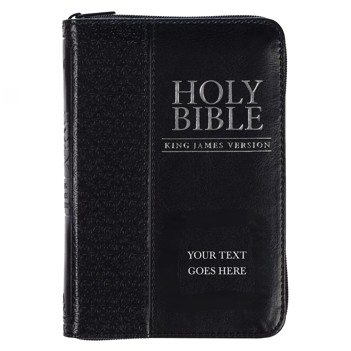 Travel Of Pocket briefcase Ideal King Personalized To Bible Compact with Black Text Name James Custom with Bible for Leather Zipper or backpack, purse, KJV Faux | Holy Closure in - 3 Up Version Rows