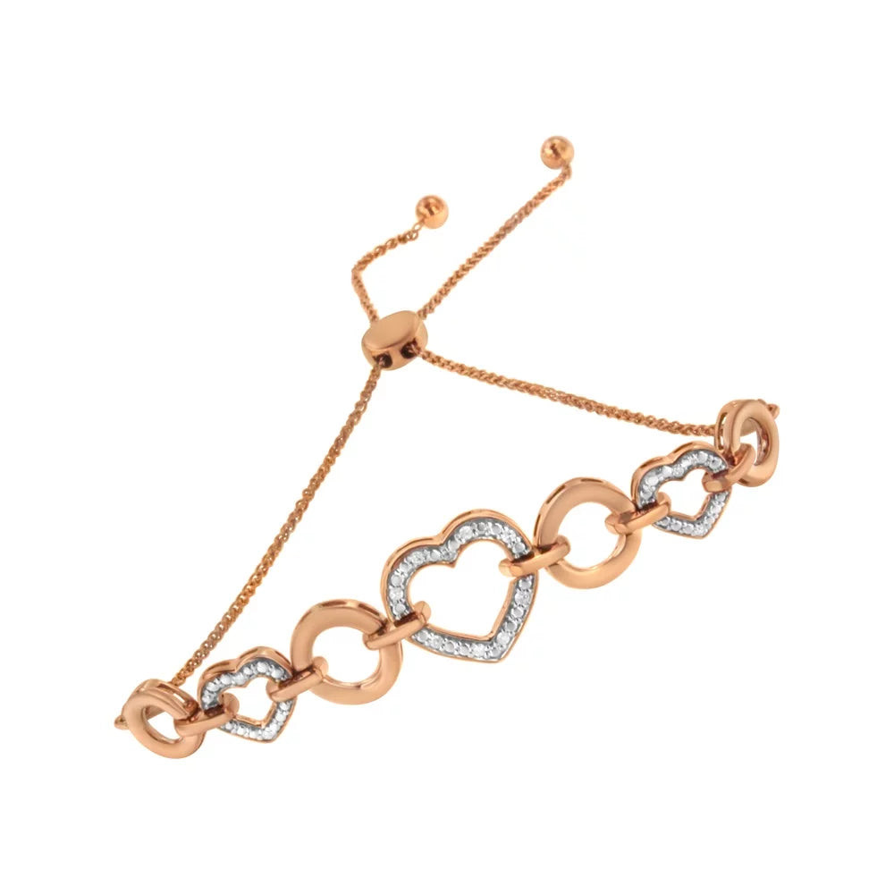 14K Rose Gold Plated .925 Sterling Silver Diamond Accent Circle And Heart Link Adjustable 6”-10” Bolo Bracelet (I-J Color, I3 Clarity)