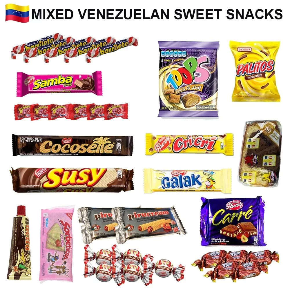 Latin Sabor Venezuela Food Sweet Snacks Gift Crate Box Assorted Cookies, Chips & Candies Mix Variety Pack Cocosette Susy Toronto Chocolate