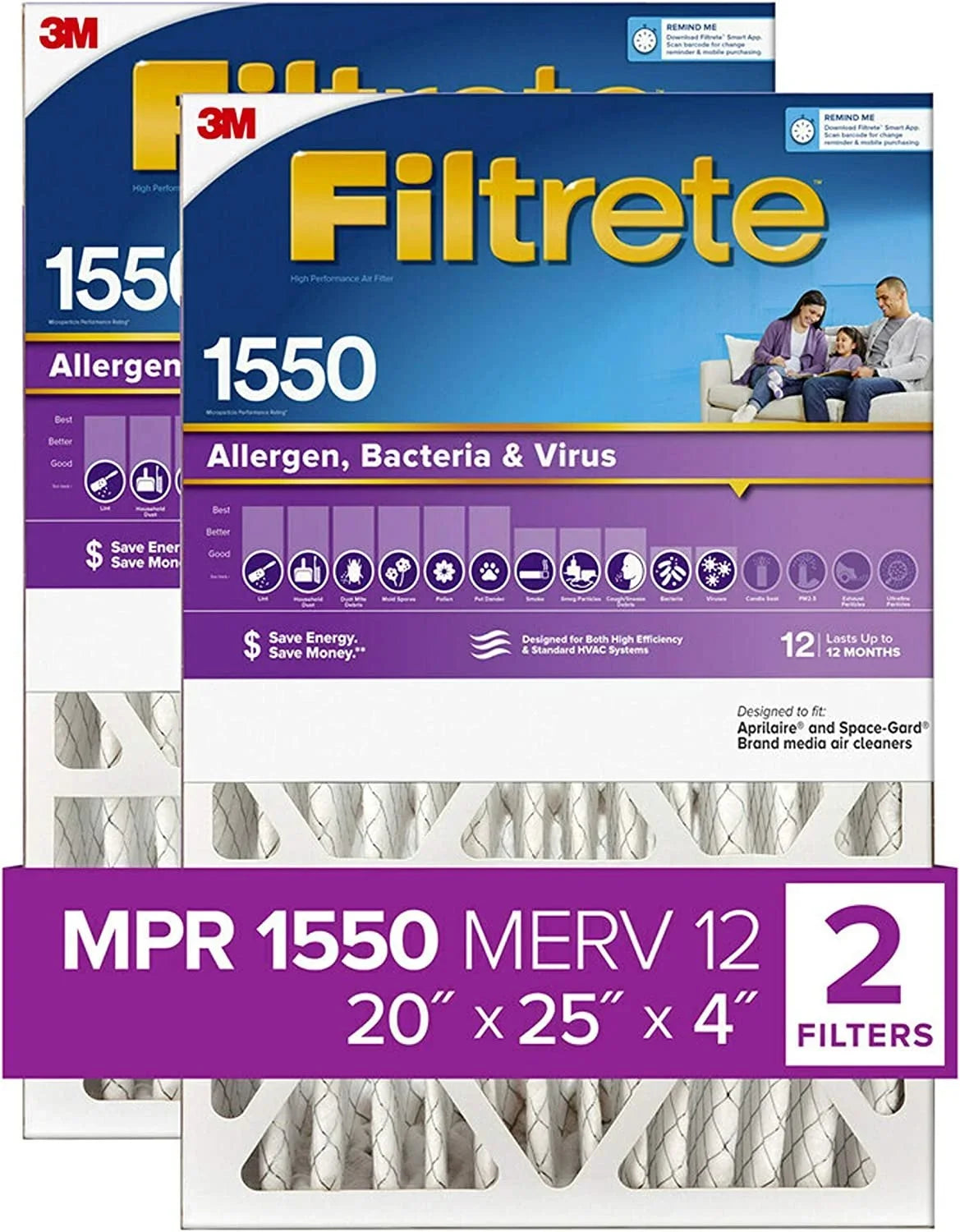 Filtrete Allergen, & Count Air Virus, NDP03-4IN-2P-2 AC Furnace 2 20x25x4, Bacteria Filter