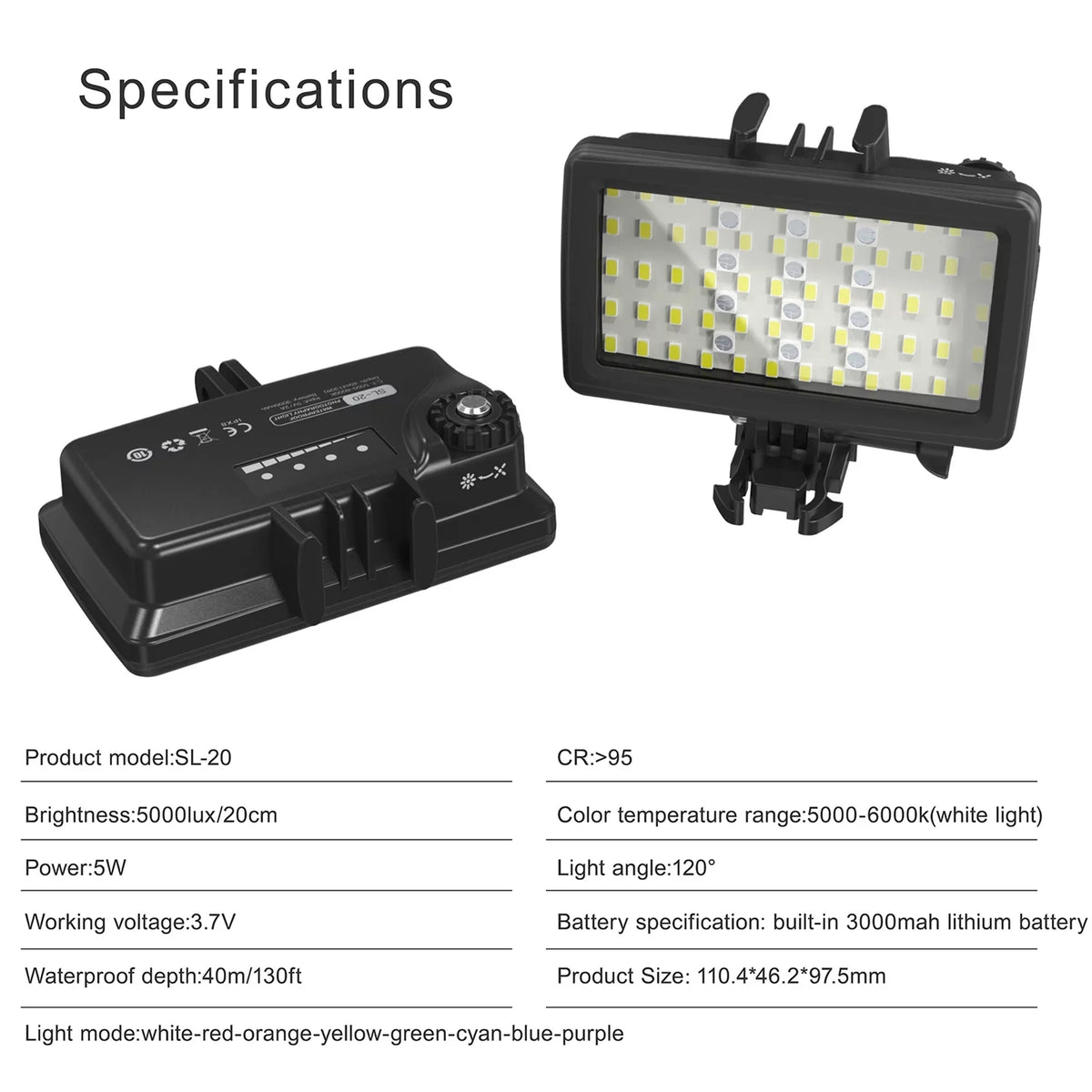 RGB Diving IPX8 Built-in Fill Video Photography CRI95+ Modes for SL-20 Tomshoo 40M Rechargeable Replacement for Battery Underwater Waterproof Dimmable Underwater Snorkeling 8 Video
