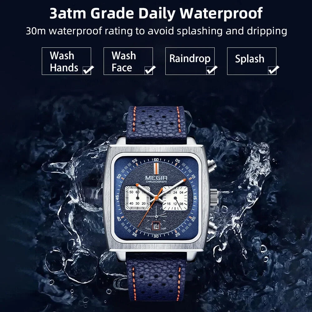 Display Watch Men's Date MEGIR Leather - Watch KingFurt Dial Square Waterproof Blue Luminous, Quartz -