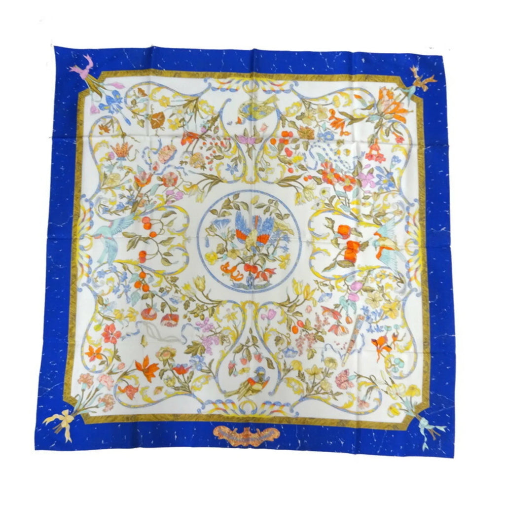 Pre-Loved Hermes Carre 90 Pierres D’ Orient Et Occident Oriental Stone And Western Stonework Women’S Scarf Muffler 100% Silk White/Blue (Like New)